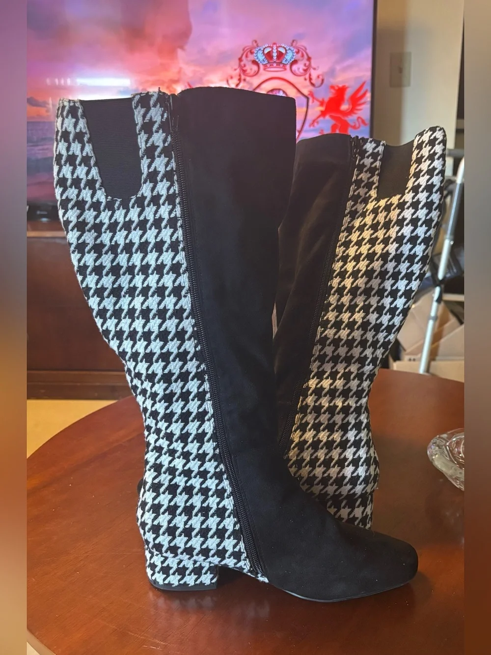 Black Over-the-Knee Boots with Houndstooth Side Panel